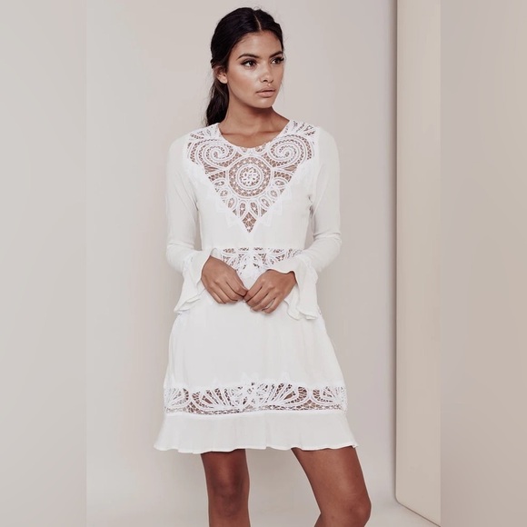 For Love and Lemons Valentina Mini Dress Lace Flare Sleeve Lace Crochet White - Picture 1 of 16